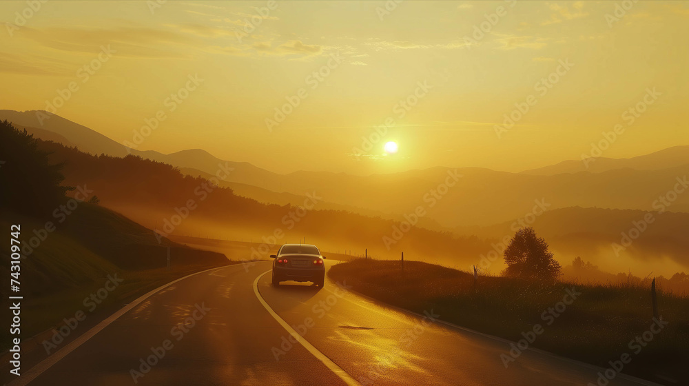 Cars running on the road During the sunset of the valley and the sea of mist. Cars running on the road During the sunset of the valley and the sea of mist.
