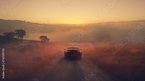 Cars running on the road During the sunset of the valley and the sea of ​​mist.
