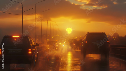 Cars running on the road During the sunset of the valley and the sea of ​​mist. © S photographer