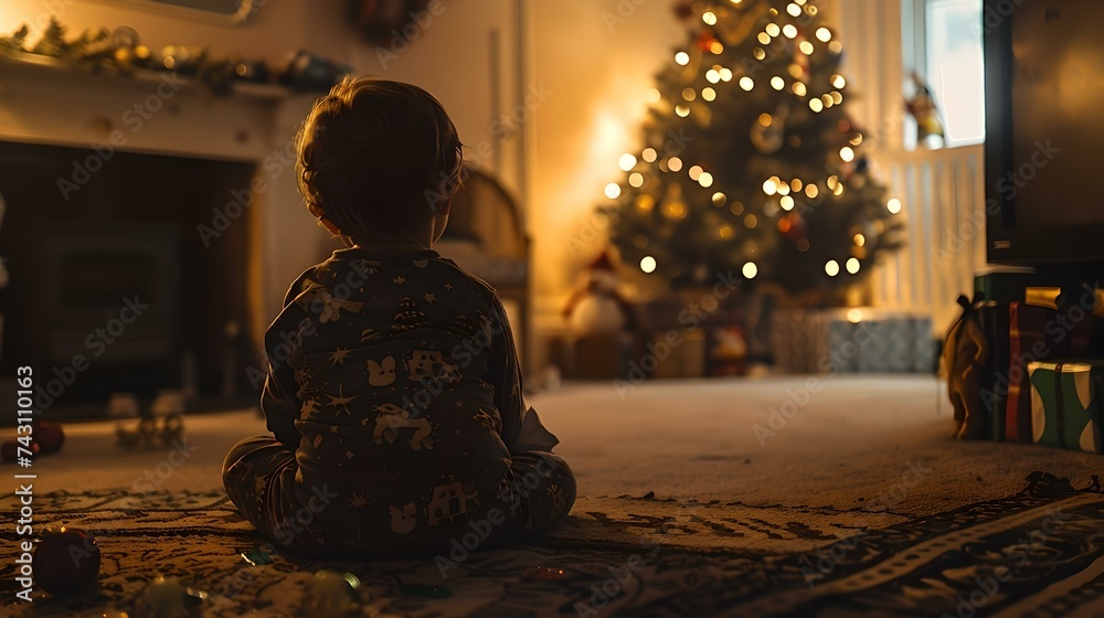 Child in pajamas gazing at a glowing christmas tree in a cozy living room setting Child in pajamas gazing at a glowing christmas tree in a cozy living room setting
