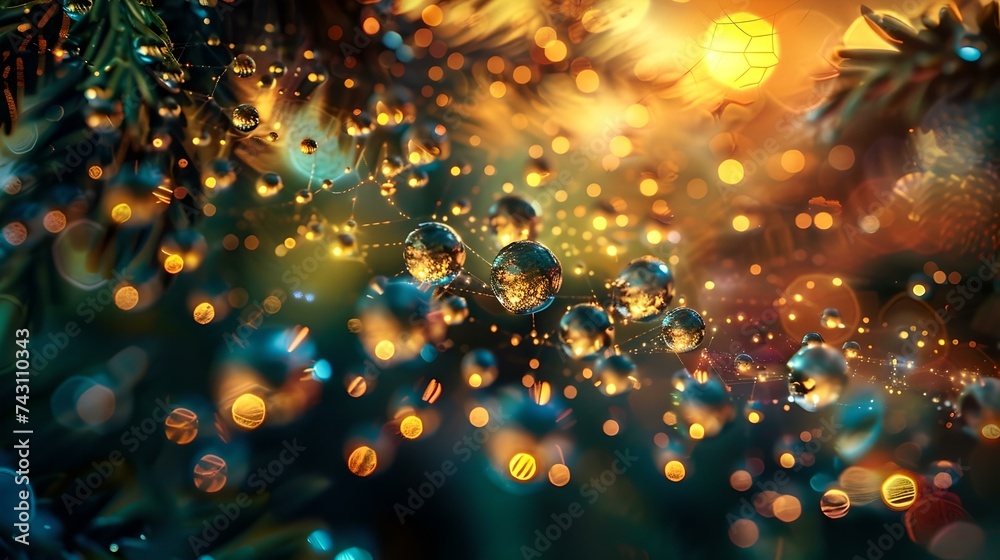 Enchanted forest dew drops - magical morning light on spruce branches