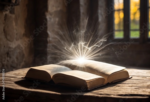Magic book, rays from a book, against the background of an old window in a castle