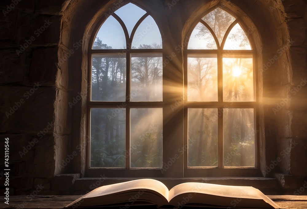 Magic book, rays from a book, against the background of an old window in a castle