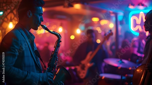 Saxophonist enthralling crowd with soulful melodies at a vibrant jazz club