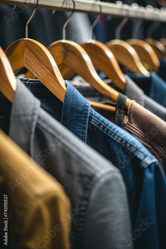 Men's clothes on hangers at a clothing rack in a store.