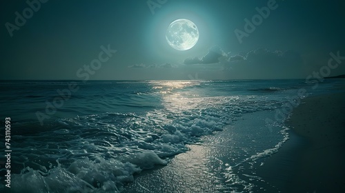 Fototapeta Naklejka Na Ścianę i Meble -  Serene moonlit beach: a tranquil seascape under the glow of a full moon