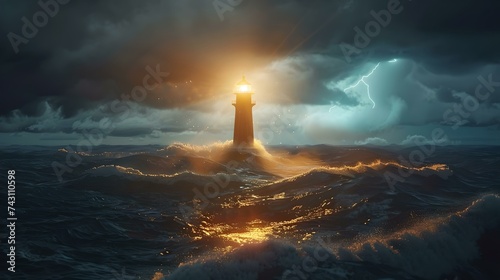 Lighthouse standing resolute against a stormy ocean as lightning strikes