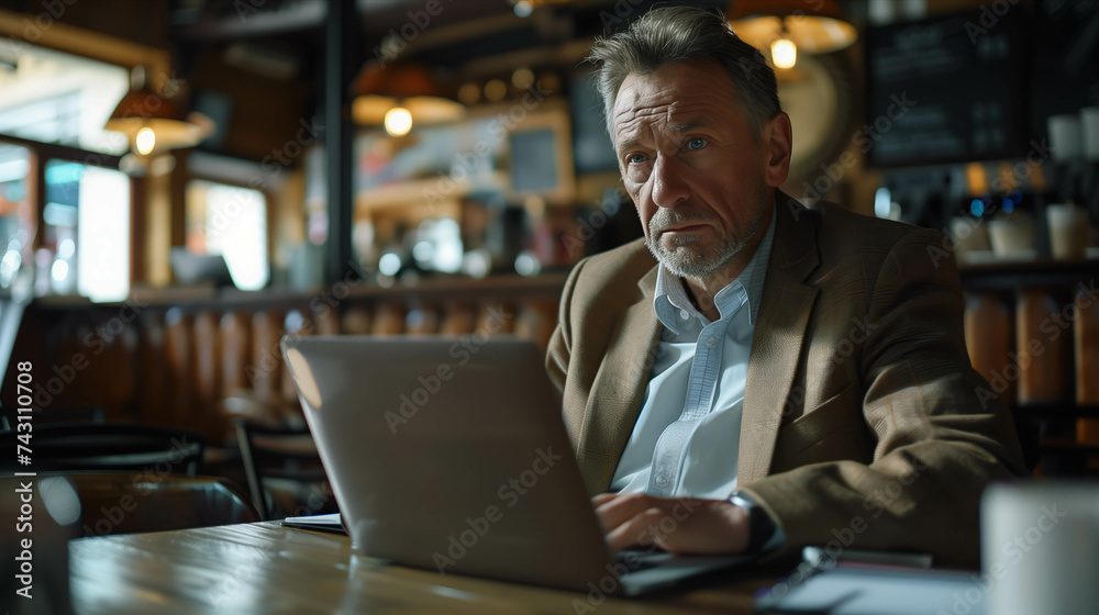 Elderly Caucasian man in suit using laptop in coffee shop.