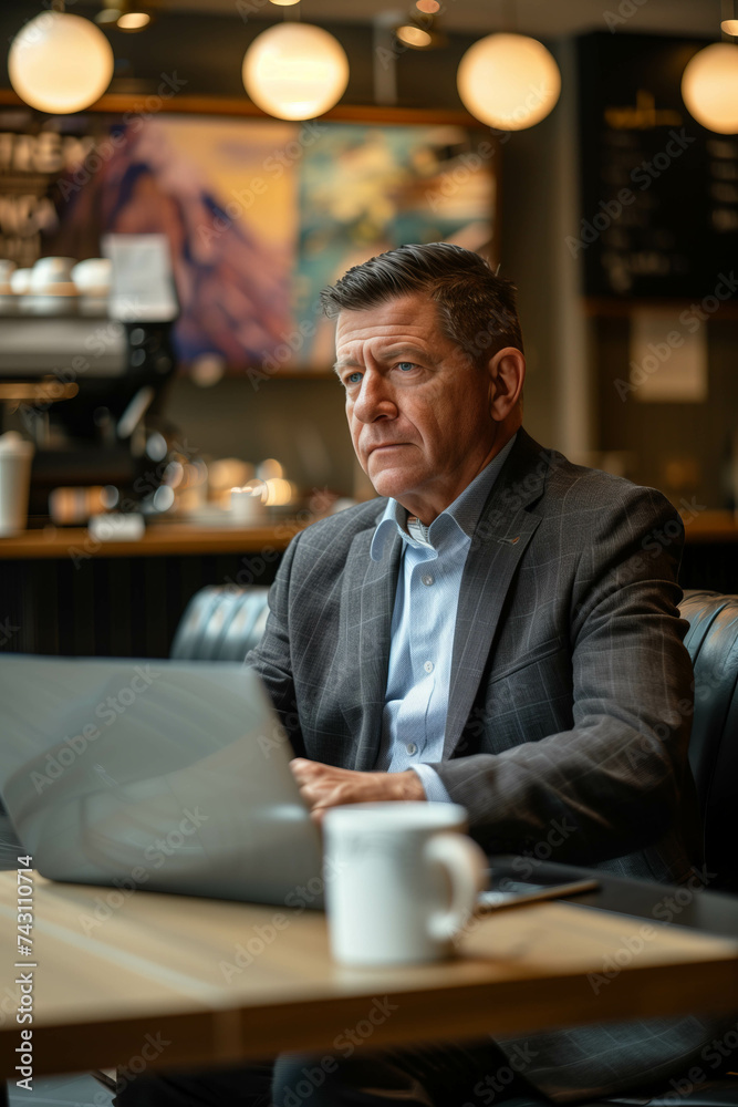 Elderly Caucasian man in suit using laptop in coffee shop. Elderly Caucasian man in suit using laptop in coffee shop.