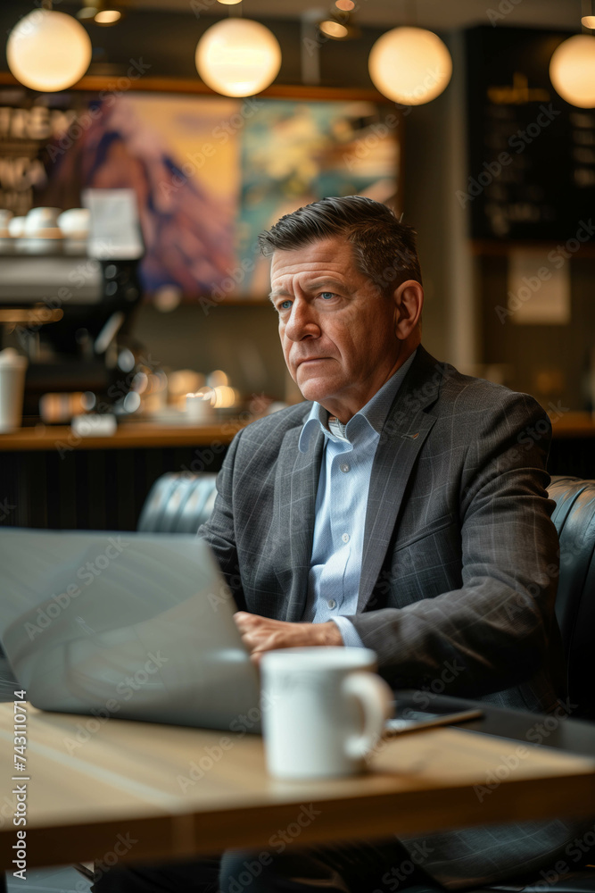 Elderly Caucasian man in suit using laptop in coffee shop.