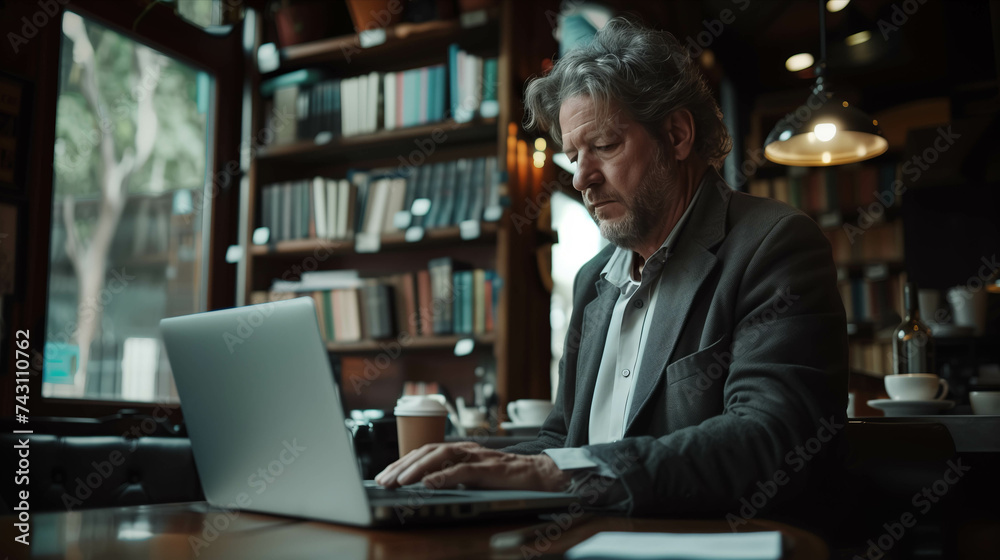 Elderly Caucasian man in suit using laptop in coffee shop.