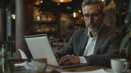 Elderly Caucasian man in suit using laptop in coffee shop.
