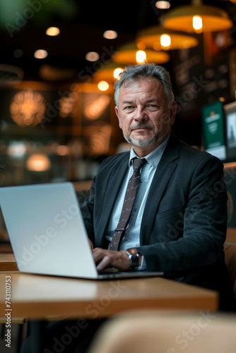 Elderly Caucasian man in suit using laptop in coffee shop.