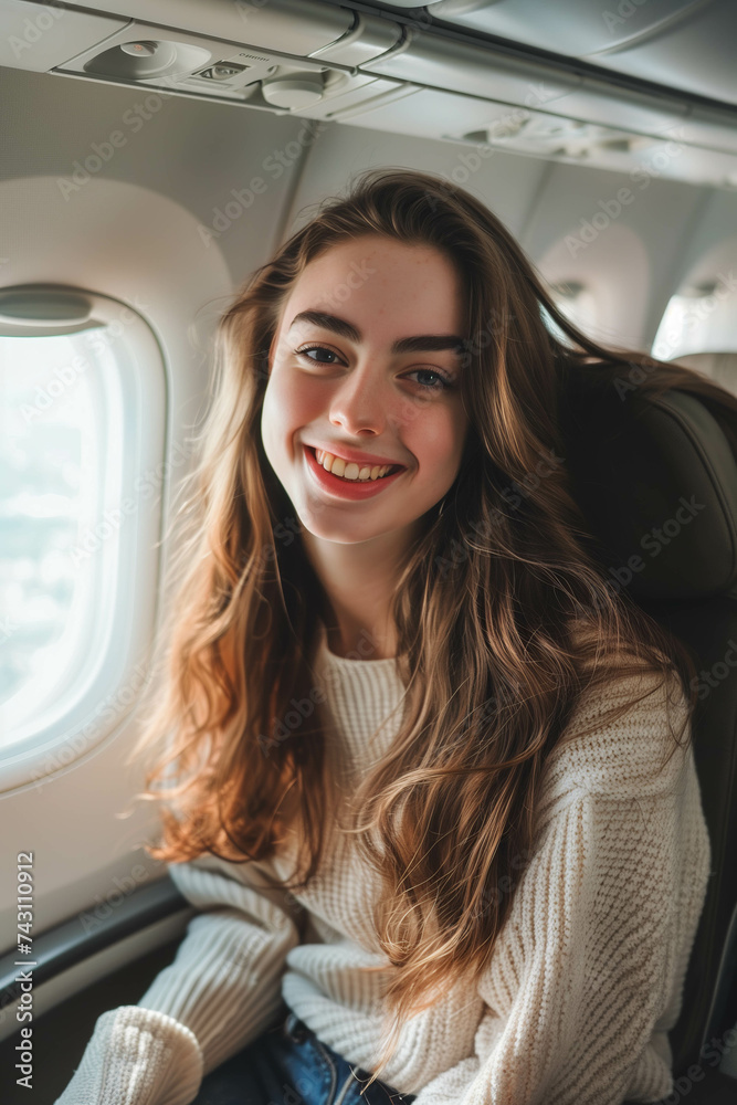 Caucasian woman sitting in airplane near window. Caucasian woman sitting in airplane near window.