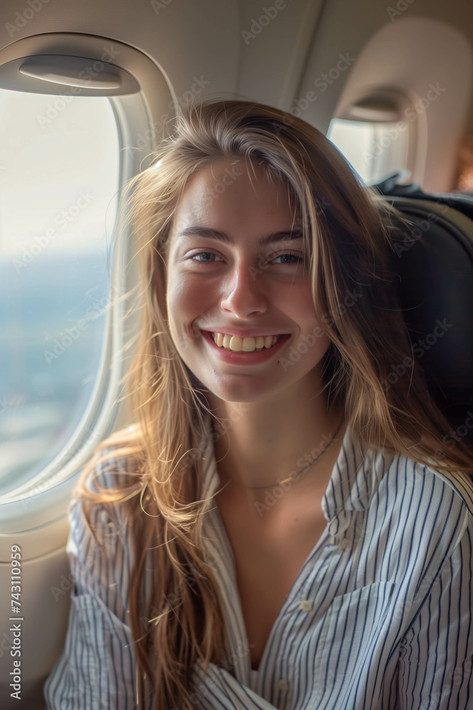 Caucasian woman sitting in airplane near window. Caucasian woman sitting in airplane near window.