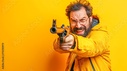 angry man with gun in hand on orange background, copy space
