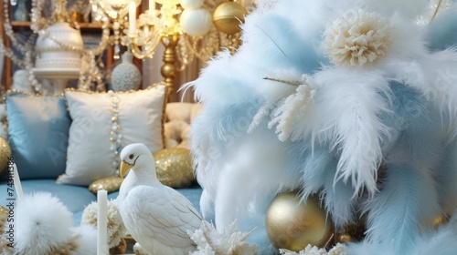 Festive Decorations with Ostrich Feathers and Christmas Tree. Beautiful Pastel Blue and Gold Christmas Background.