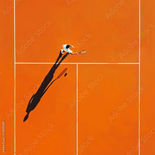 Overhead Drone Shot of a Tennis Player on an Orange Clay Court