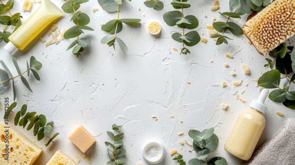 Flat lay composition with body care products and eucalyptus branches on white background
Flat lay composition with body care products and eucalyptus branches on white background
