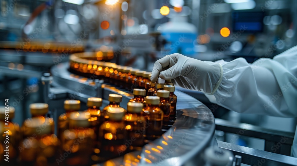Hand with sanitary gloves check Medical vials on production line at pharmaceutical factory Hand with sanitary gloves check Medical vials on production line at pharmaceutical factory