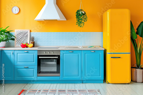 Scandinavian kitchen interior with modern yellow refrigerator