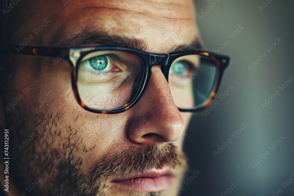 Retrato de hombre con gafas, enfoque selectivo - obrazy, fototapety, plakaty 