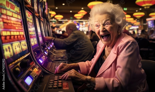 An elderly woman is happy after winning a game at a casino slot machine