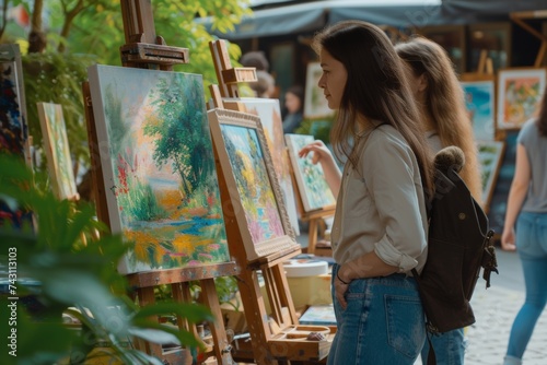 Two Women Appreciating Art at an Outdoor European Market Stall