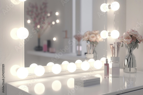 Makeup dressing table with large mirror in modern bedroom interior. Light bulbs