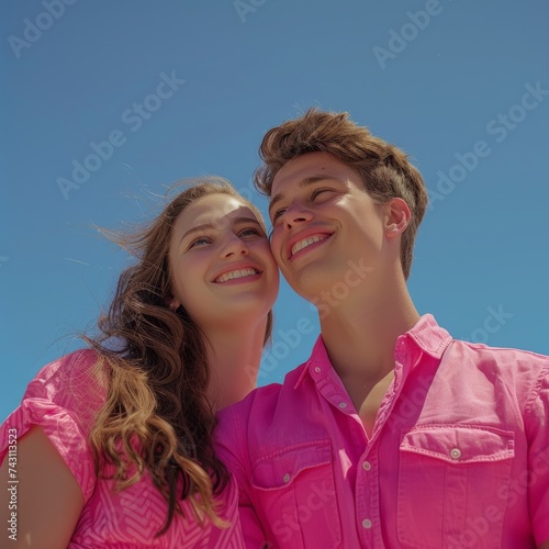 Young Woman in Pink Leaning on Male Friend Against a Clear Blue Sky © bomoge.pl