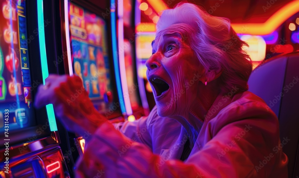 An elderly woman is happy after winning a game at a casino slot machine An elderly woman is happy after winning a game at a casino slot machine