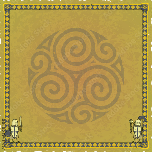Green Parchment with Medieval Knights, Ornate Frame, Celtic Spirals
