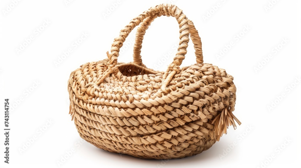 An isolated image of a women's straw bag against a white background