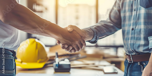 Architect and engineer construction workers shaking hand