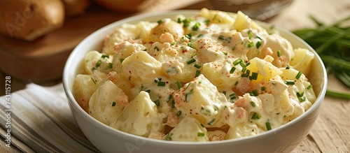 A creamy potato salad with a tangy sour cream sauce is presented in a white bowl on a rustic wooden table. photo