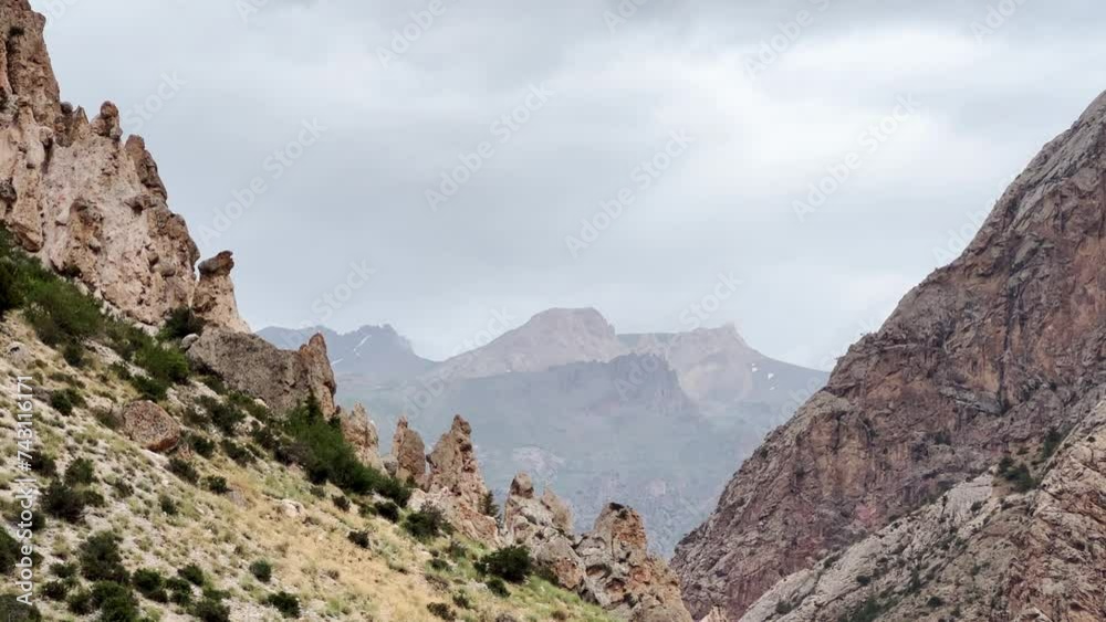 Mountain landscape of the Fan Mountains on a sunny summer day, Tajikistan, Central Asia. Fan Mountains in the heart of Tajikistan. 4K Mountain landscape of the Fan Mountains on a sunny summer day, Tajikistan, Central Asia. Fan Mountains in the heart of Tajikistan. 4K