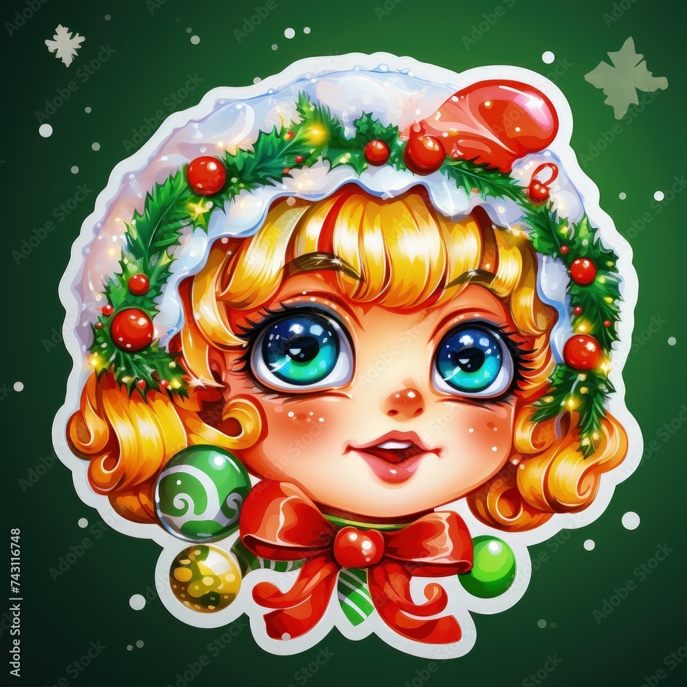 This image features a cartoon illustration of an adorable young girl with sparkling big blue eyes and curly blonde hair, adorned with a festive Christmas hat decorated with holly berries, leaves, and 