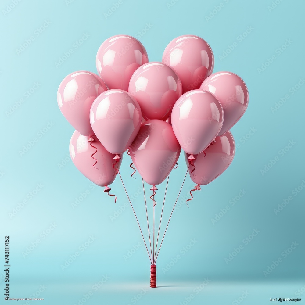 The image shows a tightly clustered group of glossy pink balloons with long red ribbons, tied together at the bottom, floating in the center against a smooth, uniform pastel blue backdrop that provide
