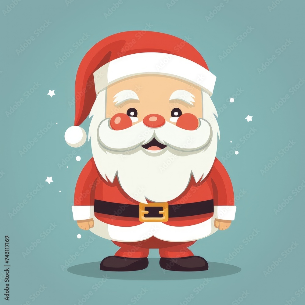 This image features a cute and vibrant cartoon representation of Santa Claus, standing with a joyful expression. Santa is adorned in his classic red and white suit with a matching cap, a wide black be This image features a cute and vibrant cartoon representation of Santa Claus, standing with a joyful expression. Santa is adorned in his classic red and white suit with a matching cap, a wide black be