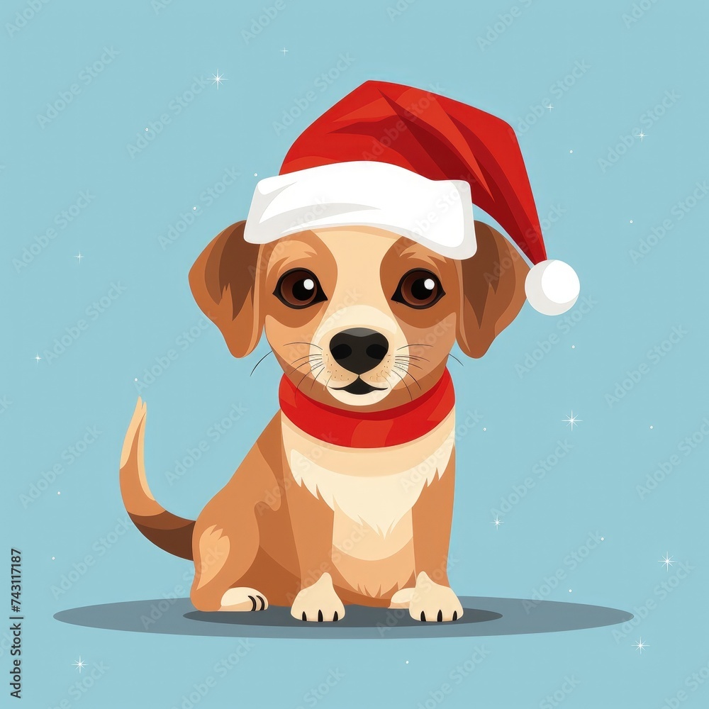 This image features an adorable cartoon illustration of a brown and white dog with a friendly demeanor, sitting against a soft blue background sprinkled with white stars. The dog is outfitted in a fes