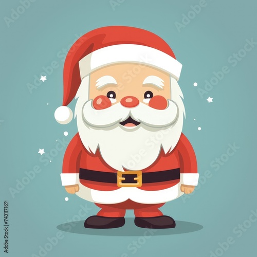 This image features a cute and vibrant cartoon representation of Santa Claus, standing with a joyful expression. Santa is adorned in his classic red and white suit with a matching cap, a wide black be