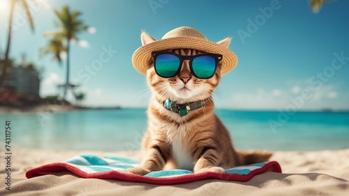 A comical kitten wearing a pair of oversized sunglasses and a straw hat, lounging on a beach towel  
