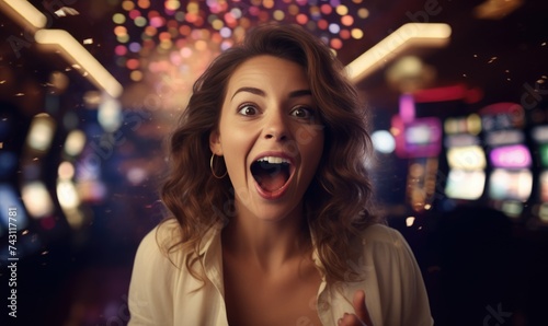 A happily surprised woman casino jackpot winner