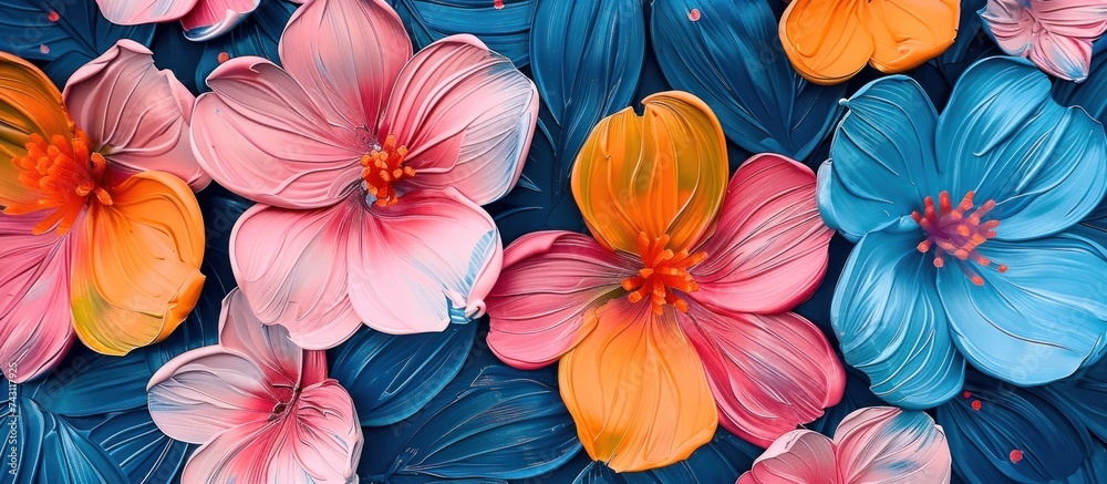 A vibrant painting featuring various colorful flowers set against a deep blue background, creating a visually striking contrast.