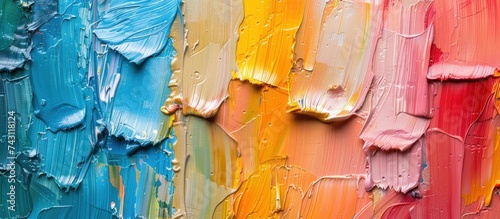 Detailed view of a vibrant multicolored paint palette with various hues and shades mixing together in an abstract pattern.