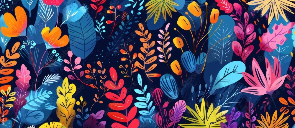 A painting featuring vibrant and colorful leaves and plants against a bright blue background.