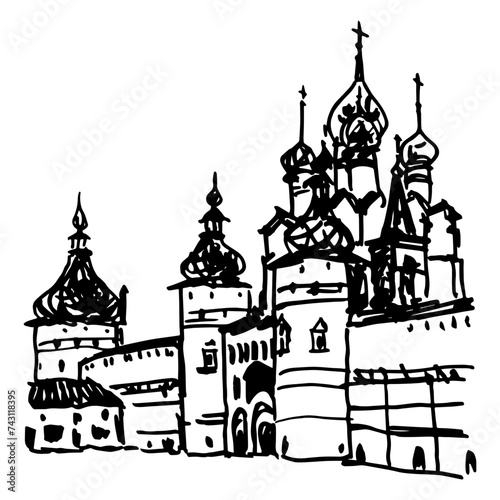 View of Rostov Kremlin with towers and Church of St. John the Divine, Russia. Old Russian fortress. Hand drawn linear doodle rough sketch. Black and white silhouette. photo