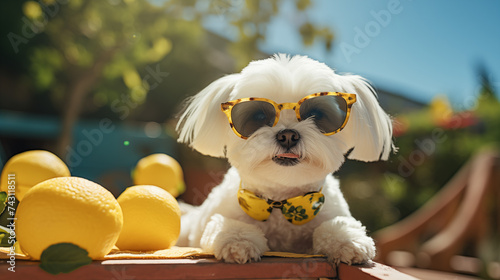 Embrace the spirit of summer holidays with this charming dog in stylish sunglasses amidst a sea of lemons, capturing the essence of sunny relaxation