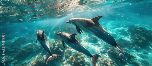 A group of four dolphins gracefully swim through the ocean waters.