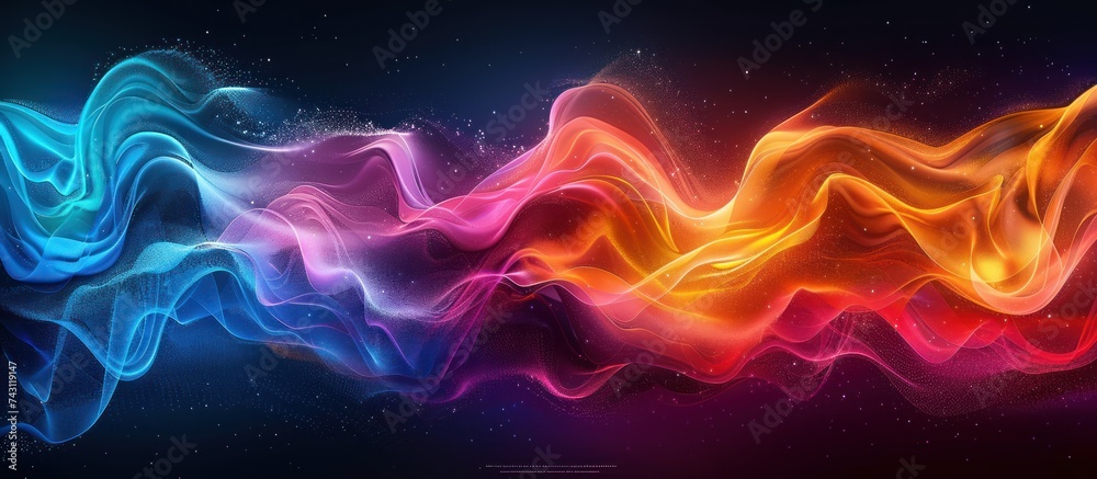 A vibrant wave of light in shades of rainbow orange, blue, teal, and white on a black background.